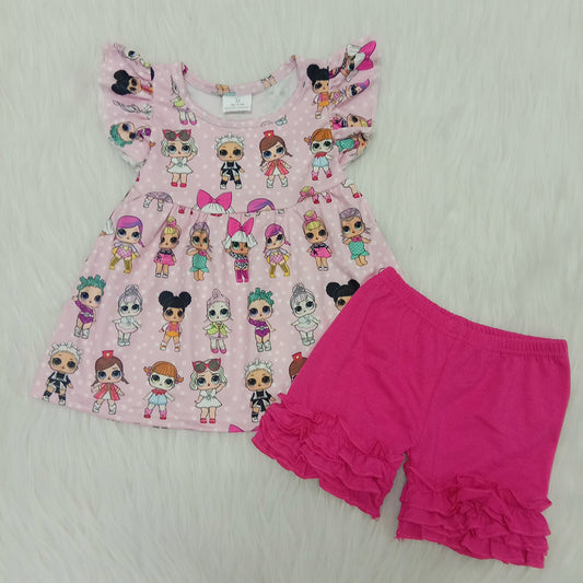 Cartoon girls puffy pink ruffles short sleeve shorts outfits