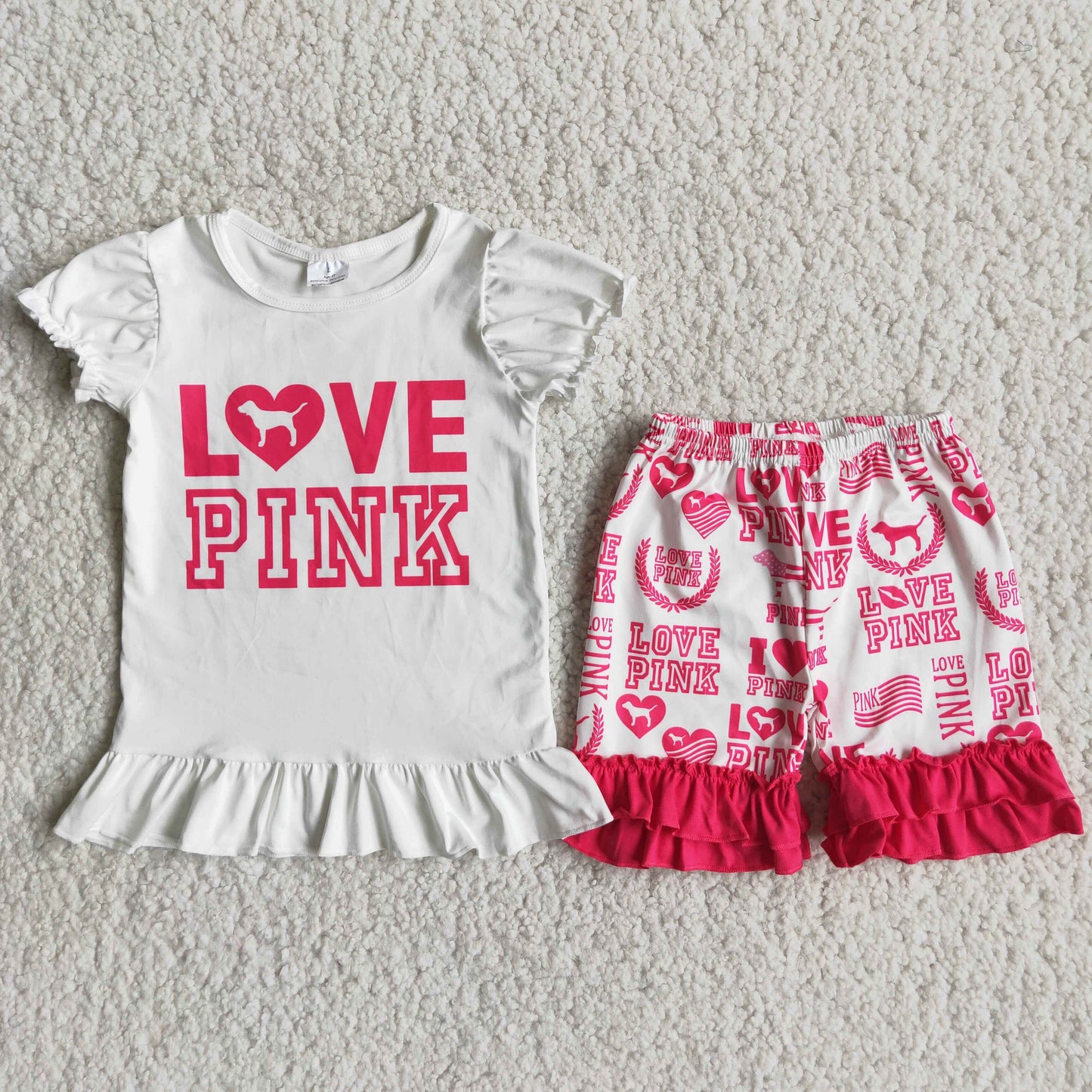 Love pink white top ruffles short pants set