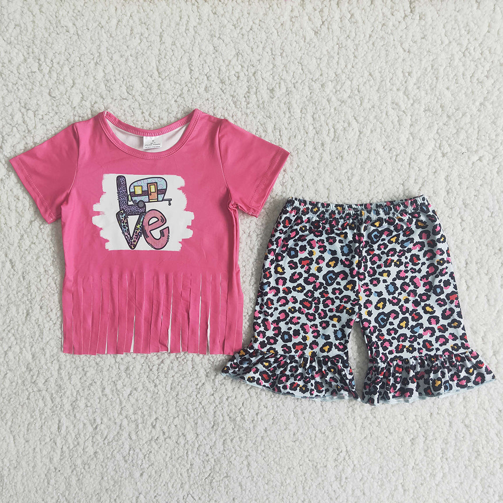 promotion price D12-30 Love tassel pink top leopard ruffles short pants set