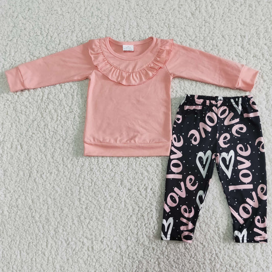 valentine pink ruffles solid color love letters girl long sleeve legging pant outfit