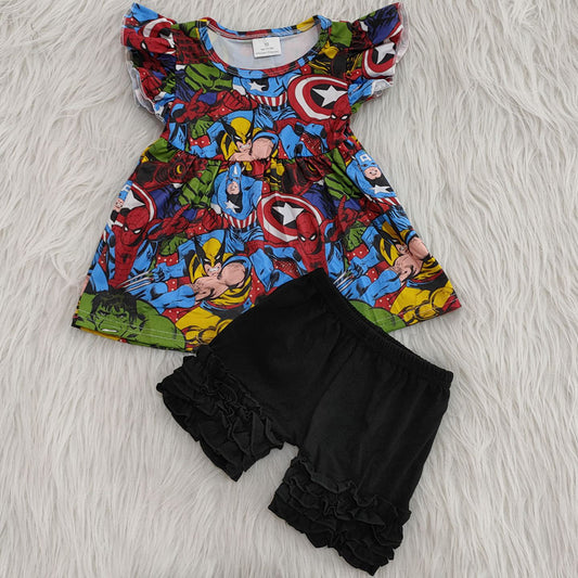 promotion A11-11 cartoon film sprider hero black ruffles  puffy top girl short sleeve shorts outfits 0429