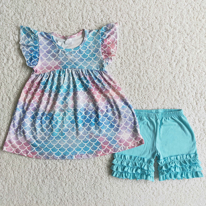 promotion Mermaid scale puffy blue ruffles girl short sleeve shorts outfits