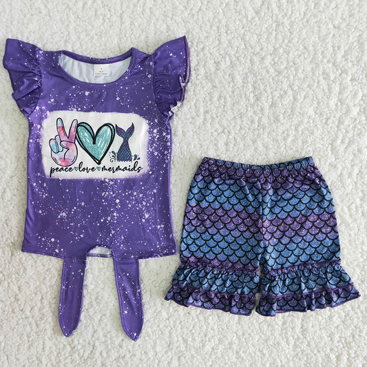 Promotion  B6-11 Peace love mermaid bleaching purple top ruffles short pants set