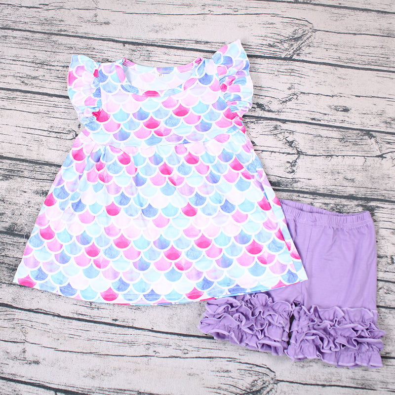 cartoon colorful scale puffy purple ruffles girl short sleeve shorts outfits