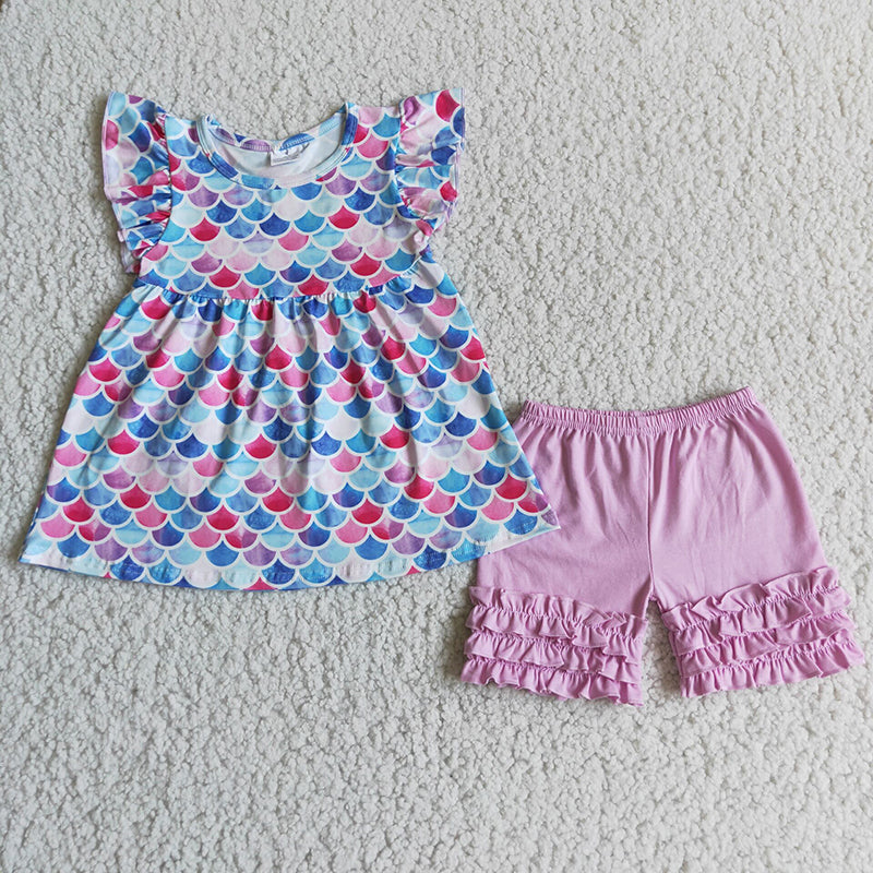 cartoon mermaid scale blue puffy pink ruffles girl short sleeve shorts outfits