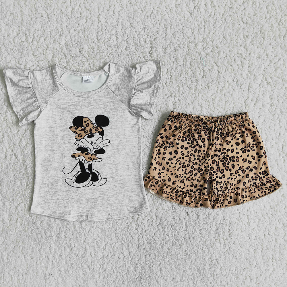 minnie mouse grey top leopard ruffles short pants set