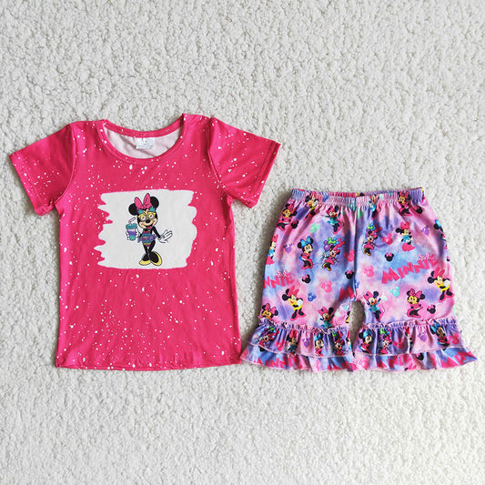 promotion minnie mouse pink bleaching top ruffles short pants set 202404