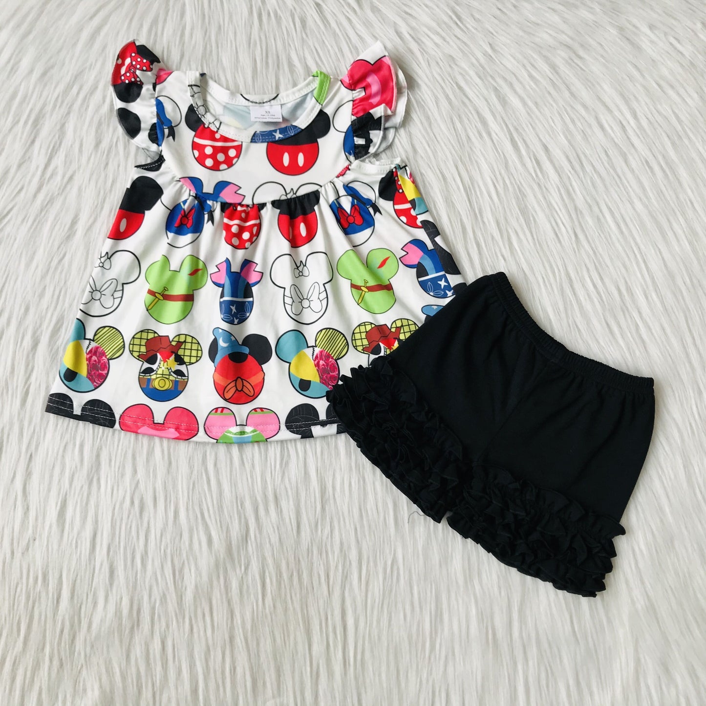 promotion A11-16 cartoon mouse white puffy black ruffles girl short sleeve shorts outfits