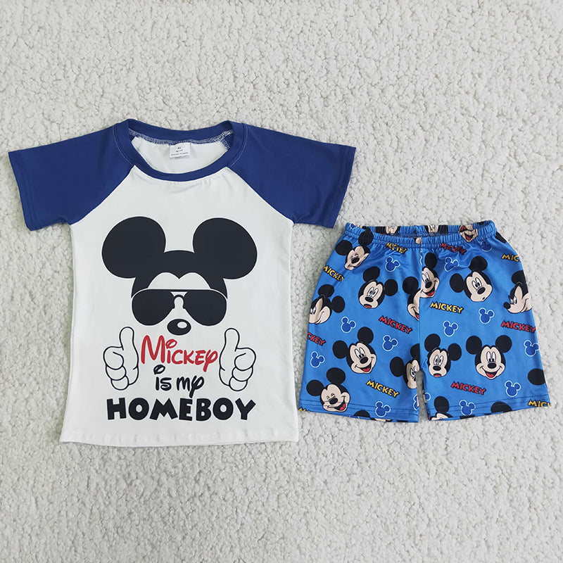 mouse blue top pattern short pants set