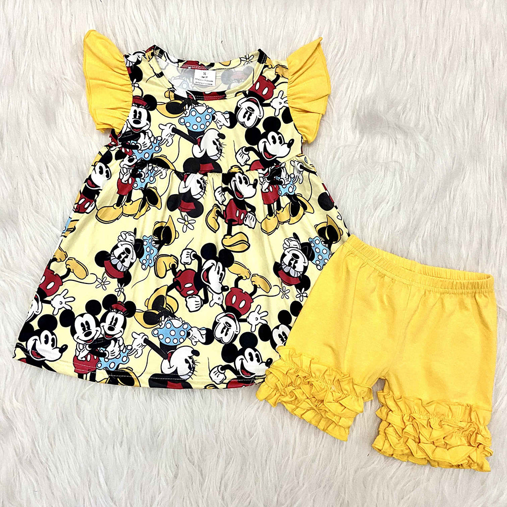 cartoon mouse puffy yellow ruffles girl short sleeve shorts outfits