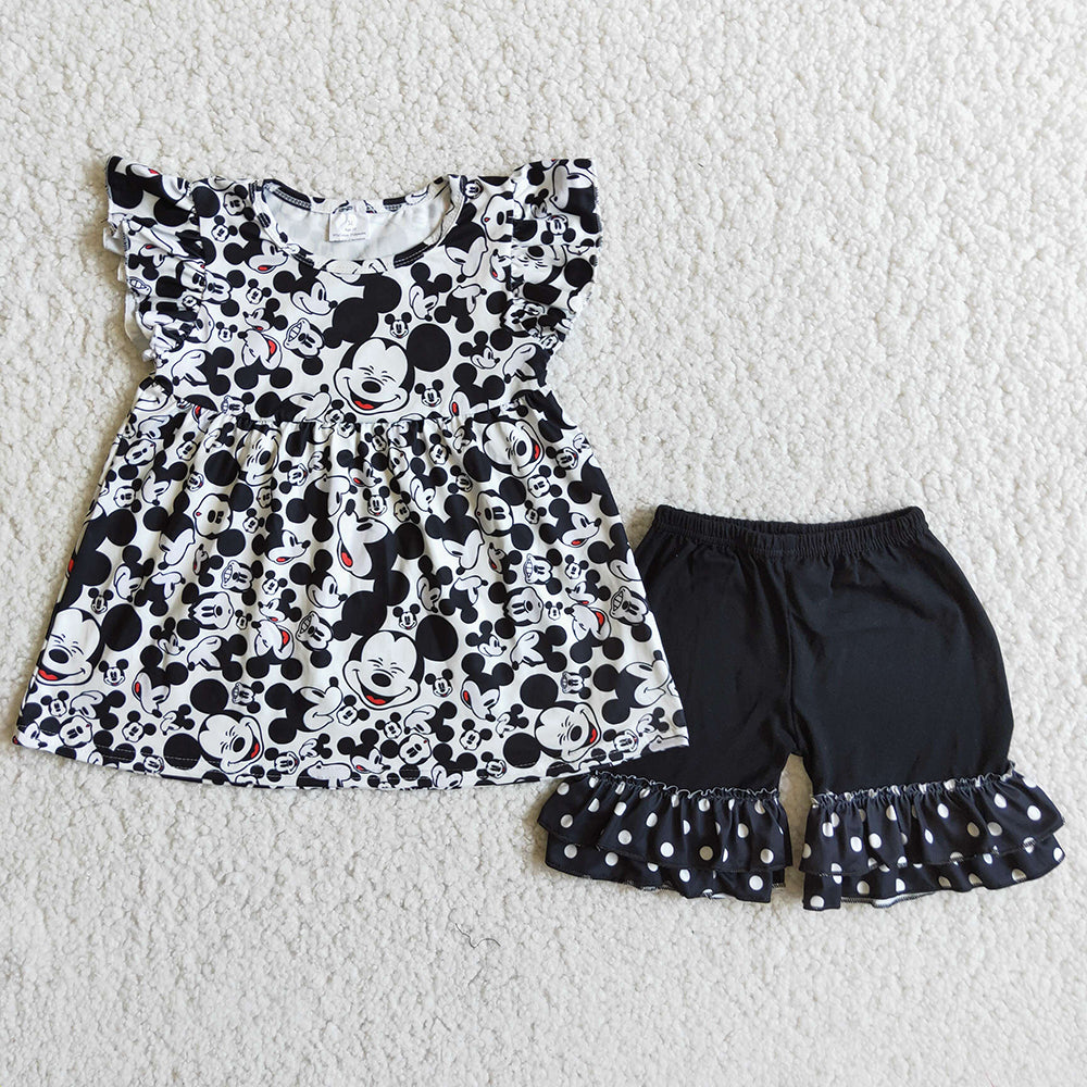 cartoon mouse puffy black polka dots ruffles girl short sleeve shorts outfits