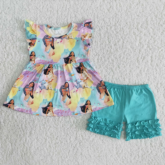 promotion B4-2 cartoon colorful puffy blue ruffles short sleeve shorts girl outfit 20230323 RTS