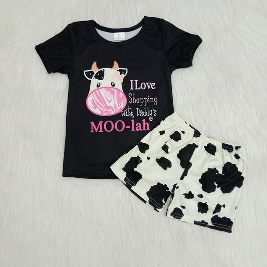 promotion A6-12 Cow moo black top ruffles short pants set