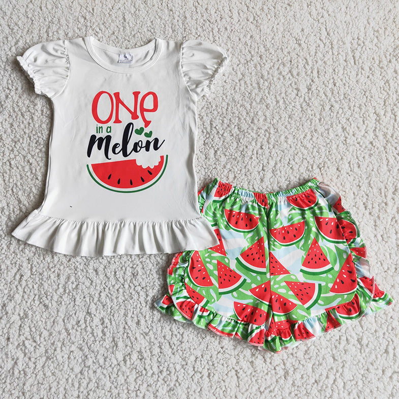 A5-22 Watermelon white top green ruffles short pants set 20230207 RTS