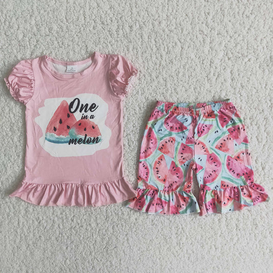 C1-23 Watermelon pink top ruffles short pants set 20230320 RTS