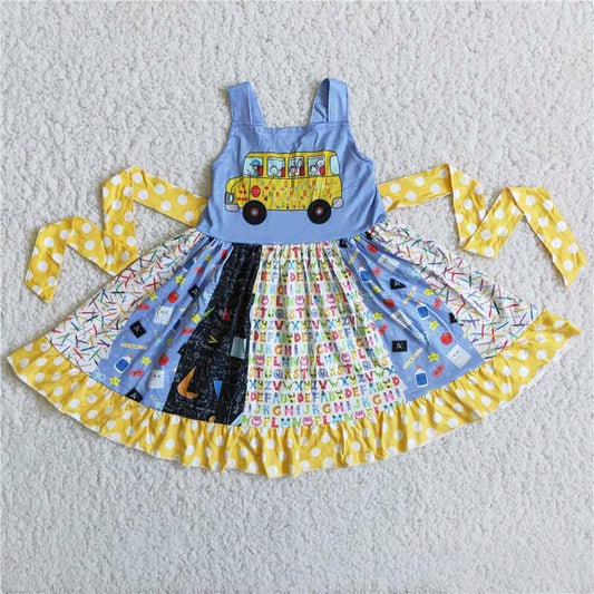 school bus cartoon yellow belt lace patchwork sleeveless dress