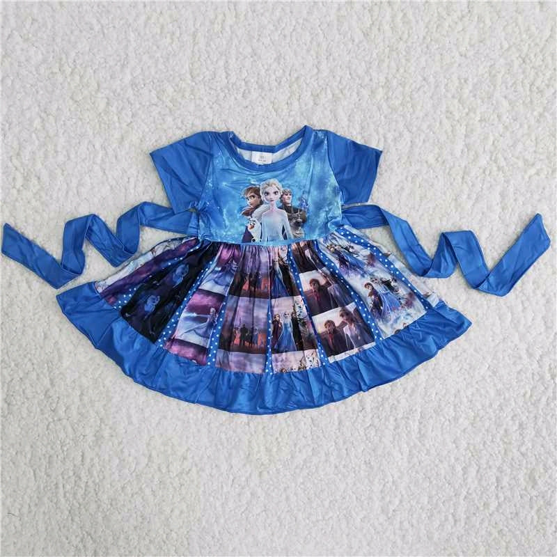 A 18-9 blue ice princess cartoon patchwork belt short sleeve dress RTS 1213