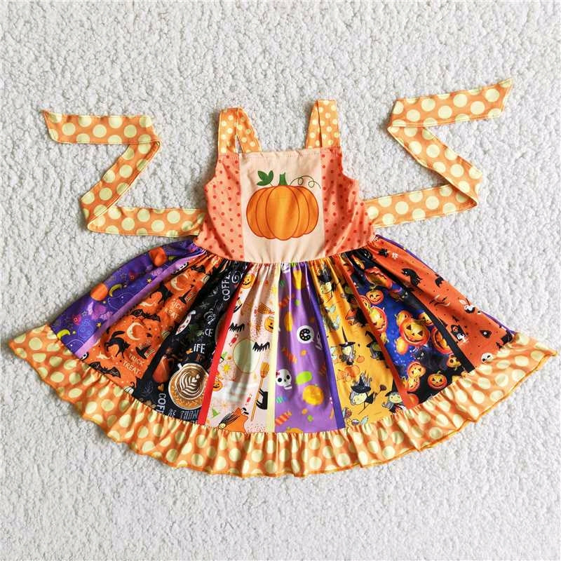 halloween orange pumpkin dot belt lace patchwork sleeveless dress