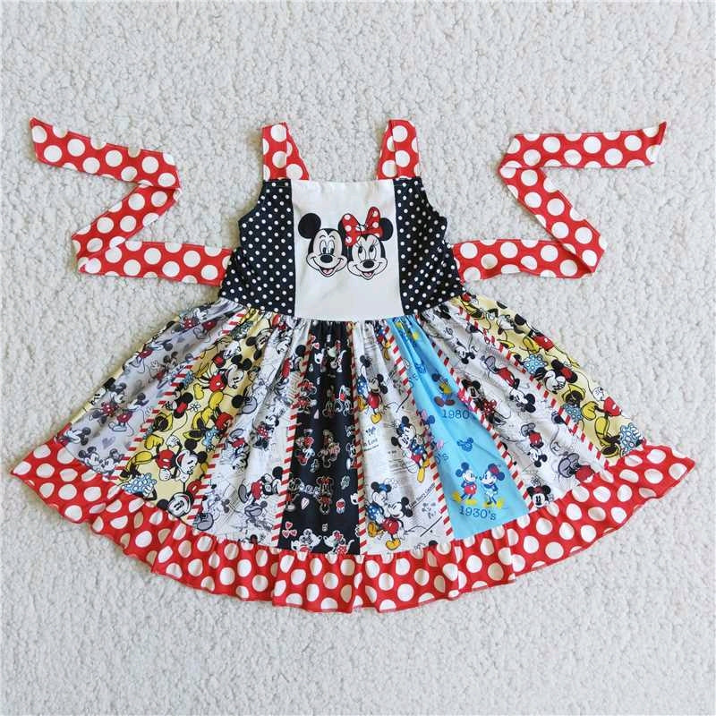 red white dot mouse cartoon patchwork belt sleeveless dress