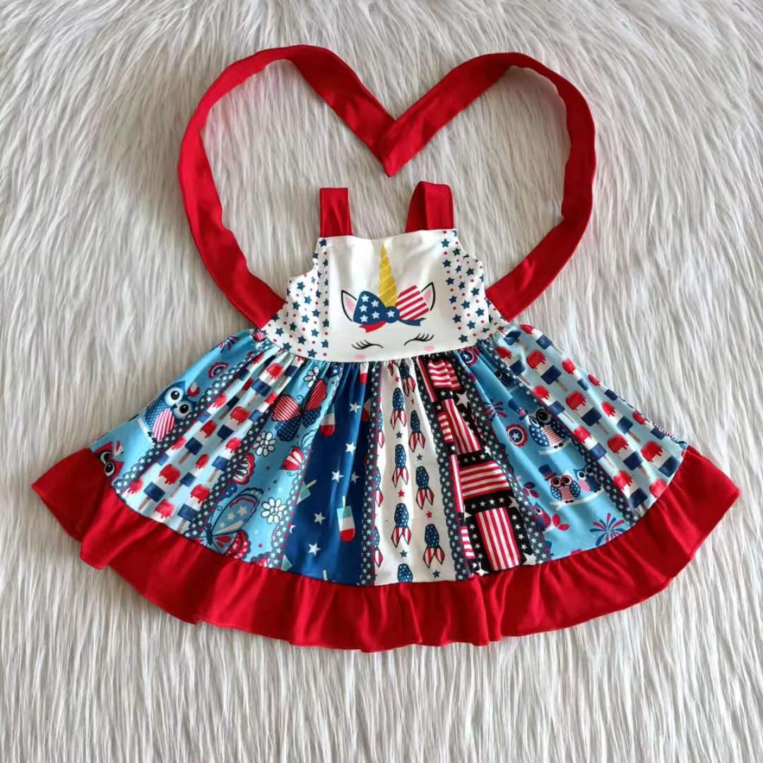 American national flag cartoon unicorn red belt patchwork belt sleeveless dress 0209