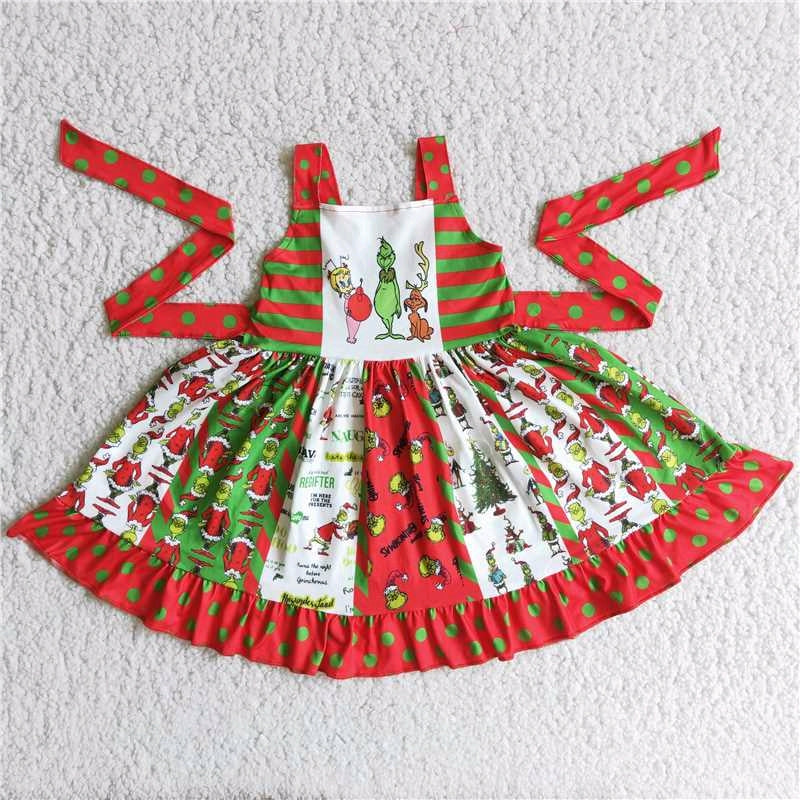 C8-15 christmas green cartoon red patchwork dot sleeveless dress RTS 20230622