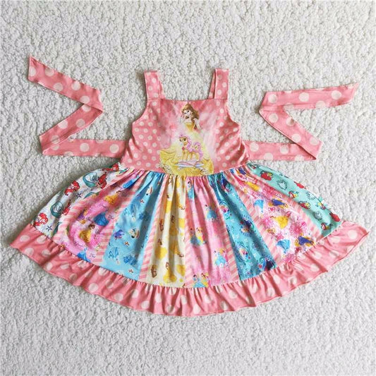 Promotion pink white dot princess cartoon patchwork belt sleeveless dress