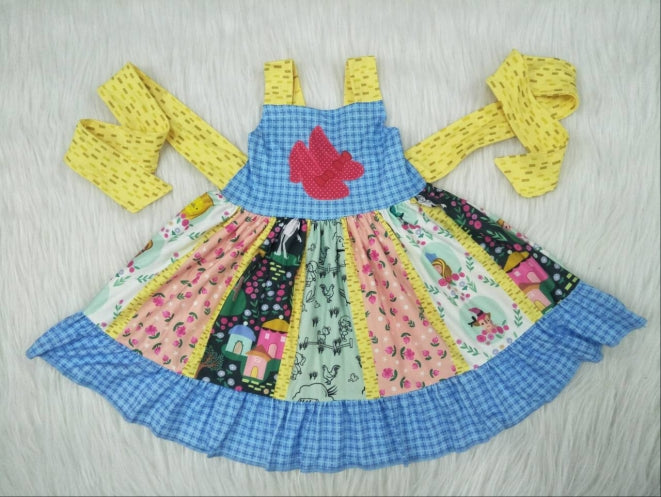 cartoon yellow belt blue lace patchwork sleeveless dress