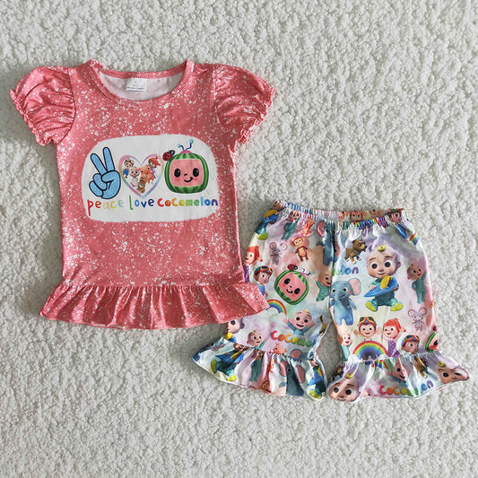 C6-24 promotion cartoon white dot pink ruffles short sleeve shorts rts