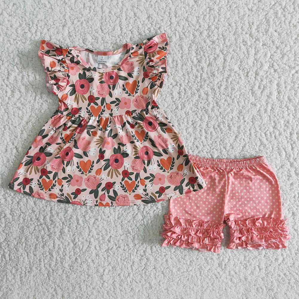 Floral puffy pink polka dots ruffles girl short sleeve shorts outfits