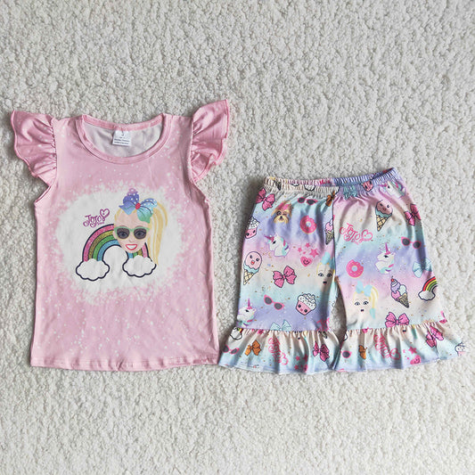 Jojo rainbow pink bleaching top ruffles short pants set