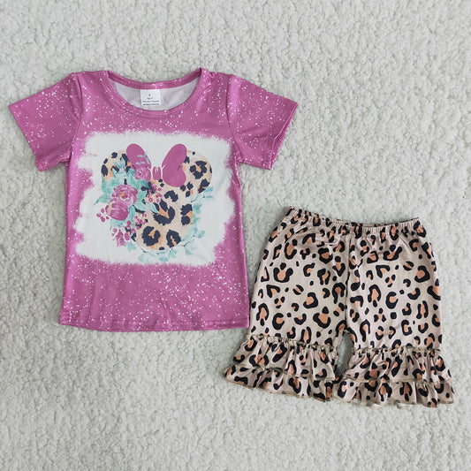 pink bow cartoon mouse leopard ruffles shorts girl outfit 0622 RTS