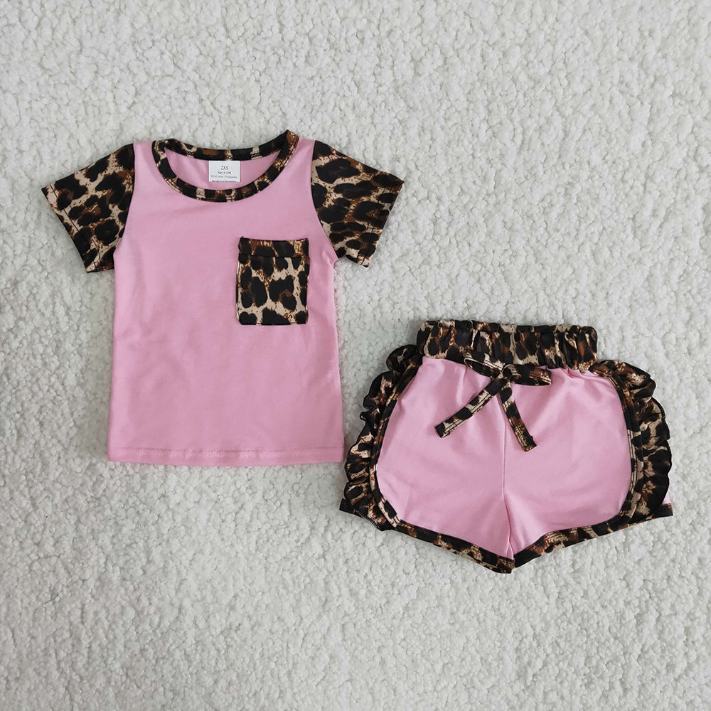 Pink pocket top leopard ruffles short pants set 0915 RTS