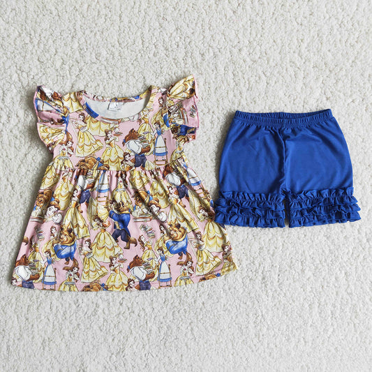 Blue cartoon puffy ruffles short sleeve shorts girl outfits