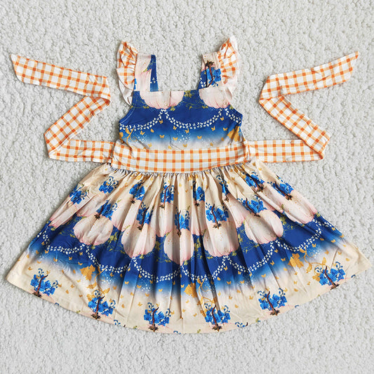 promotion D2-17 flower blue yellow plaid belt puffy sleeveless dress