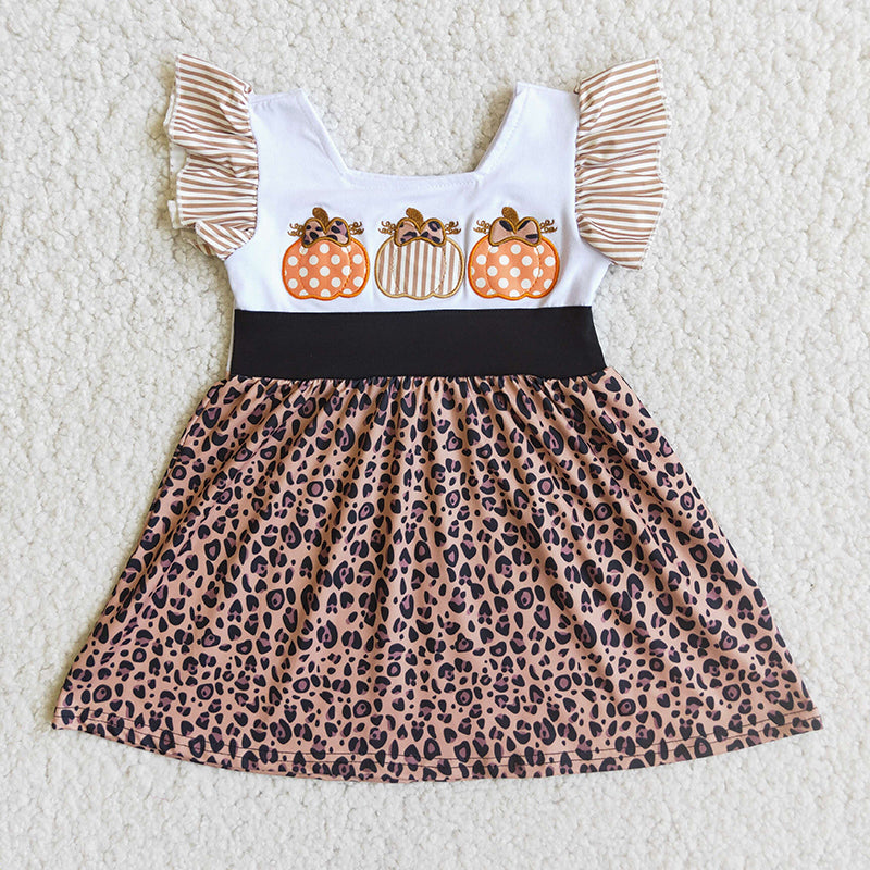 Pumpkin embroidery leopard puffy short sleeve dress