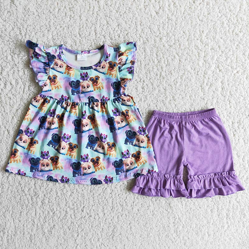 Puppy dog puffy top set purple ruffles short sleeve shorts outfits