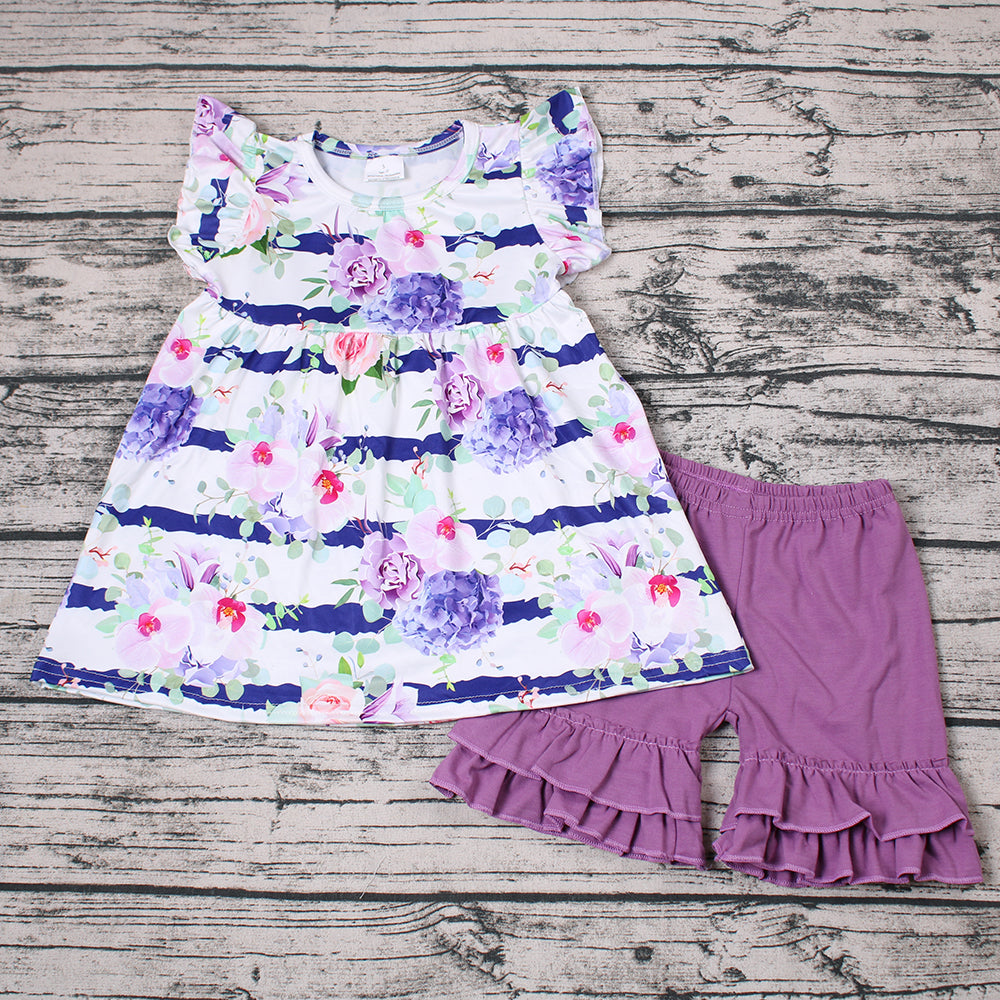 Floral stripe pink puffy top set purple ruffles short sleeve shorts outfits