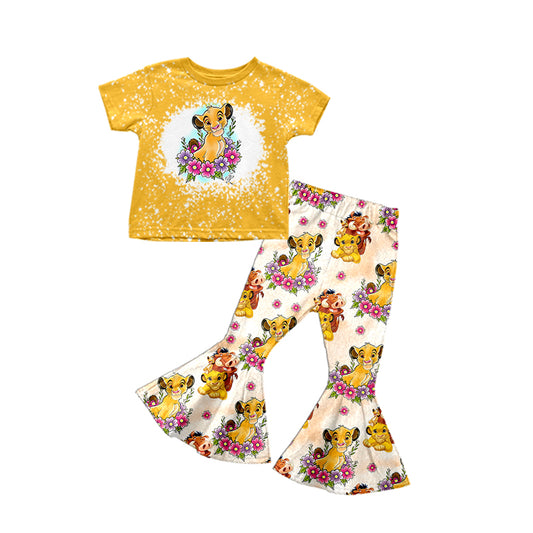 preorder cartoon lions flowers yellow short sleeve bell bottom girl outfits 0210