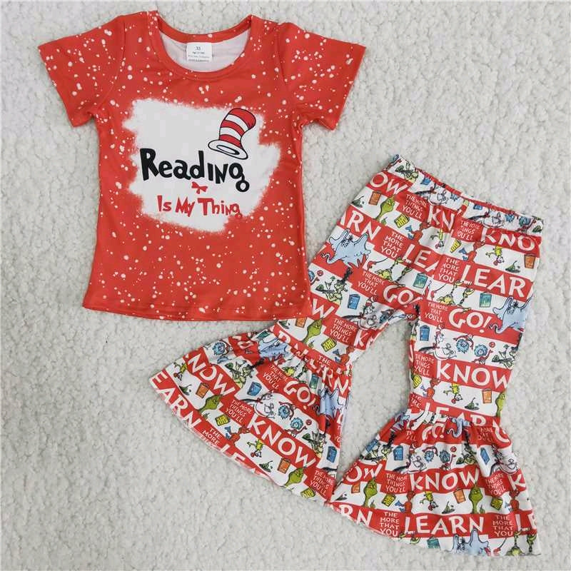 promotion RTS cartoon cat reading letter red stripe short sleeve girl outfit 0505S