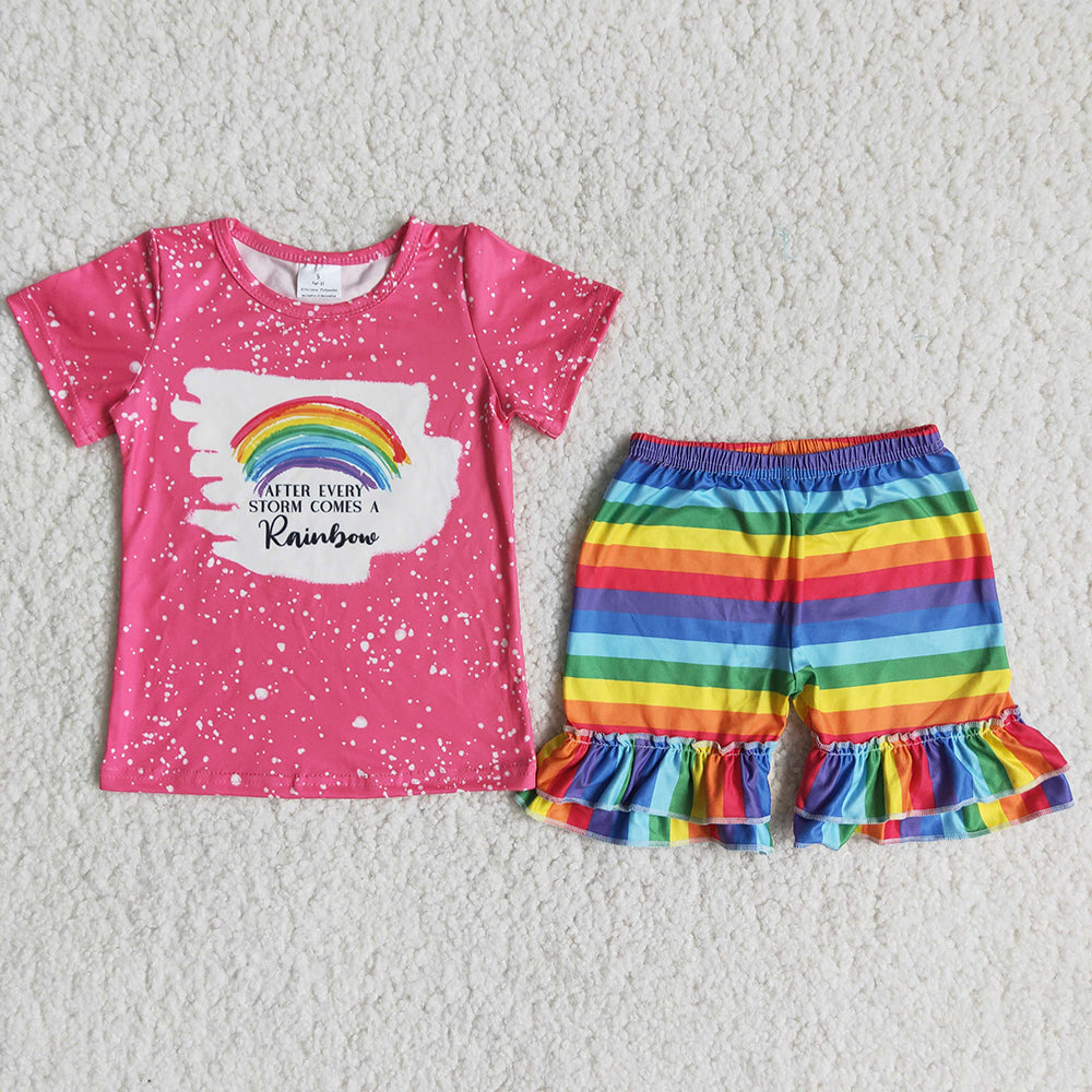 promotion Rainbow pink bleaching top ruffles short pant outfit