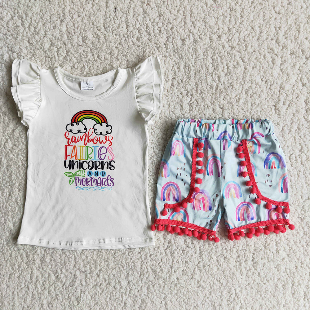 promotion Rainbow white top red pompom short pants set 202404