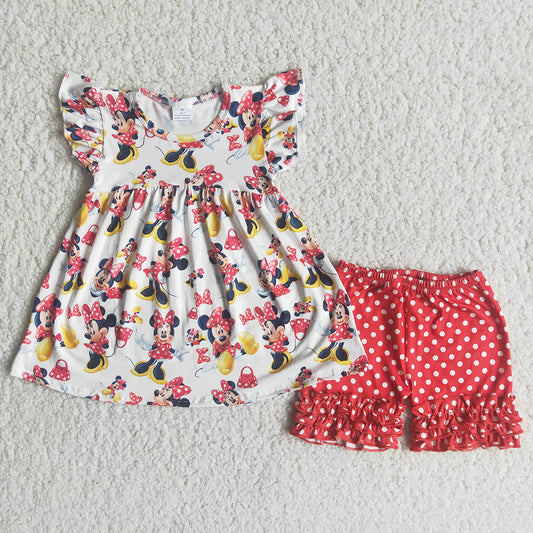 cartoon yellow shoes mouse red puffy top set polka dots ruffles short sleeve shorts outfits