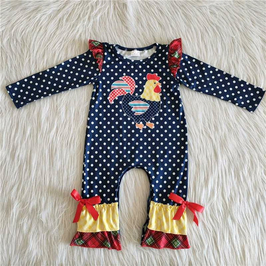 Girl cartoon chicken white dot blue long sleeve romper