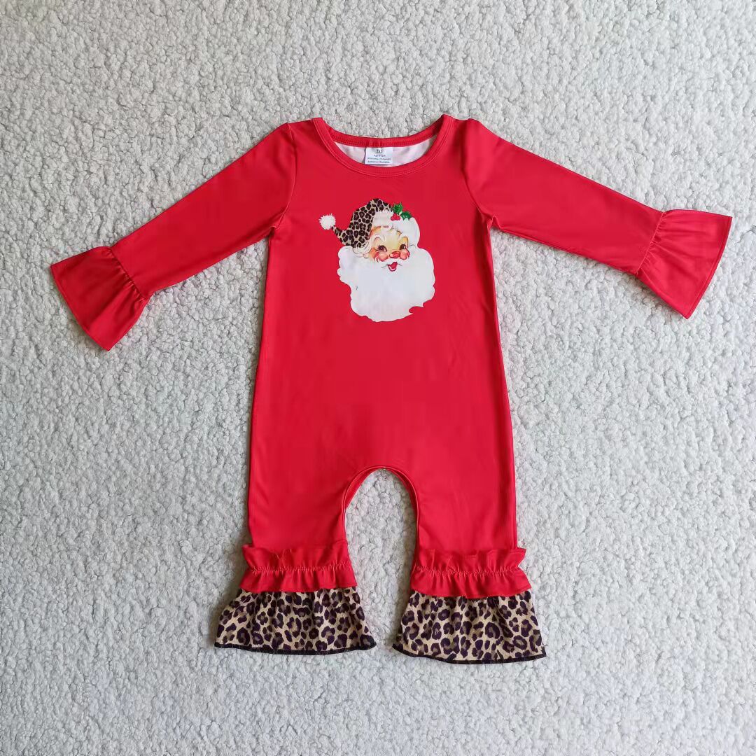 Promotion RTS Christmas girl santa red white leopard long sleeve romper