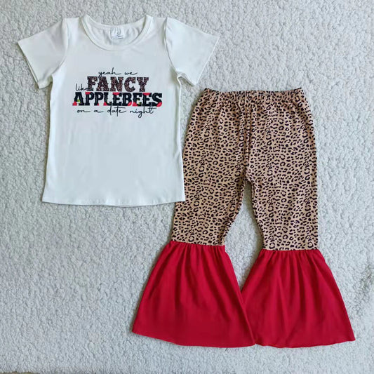 promotion fancy letters leopard print white short sleeve bell bottom pant girl outfit