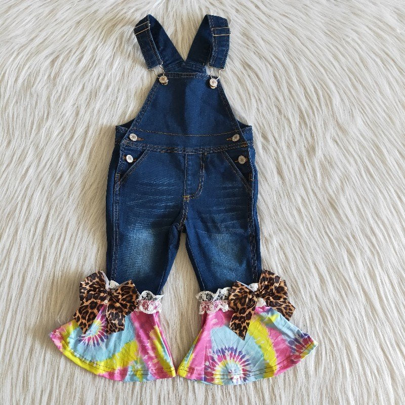 Candy colorful bell bottom denim suspender pants