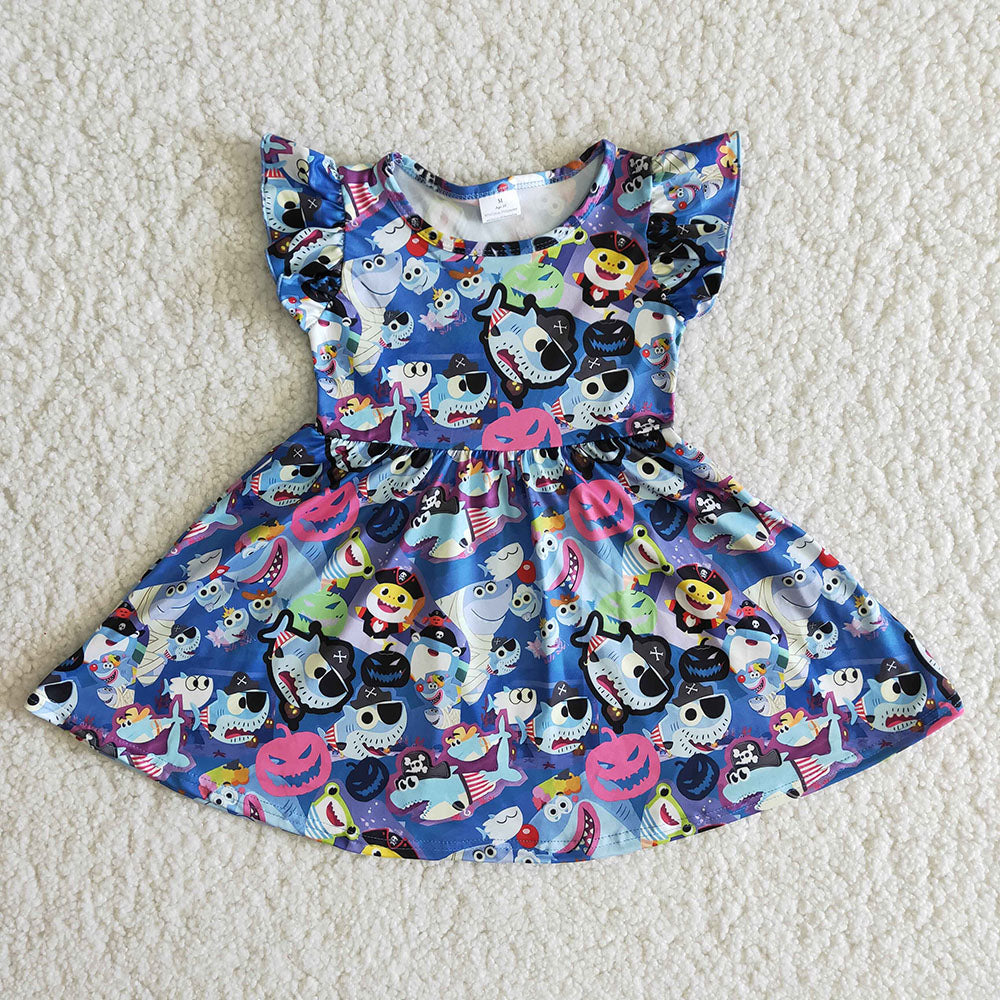 Shark blue cartoon puffy sleeveless dress