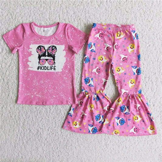 E2-14 promotion cartoon pink short sleeve bell bottom pants outfit 202408