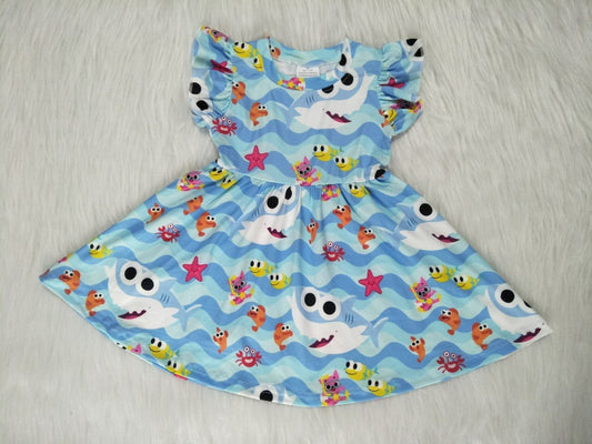 Shark cartoon blue tunic puffy sleeveless dress