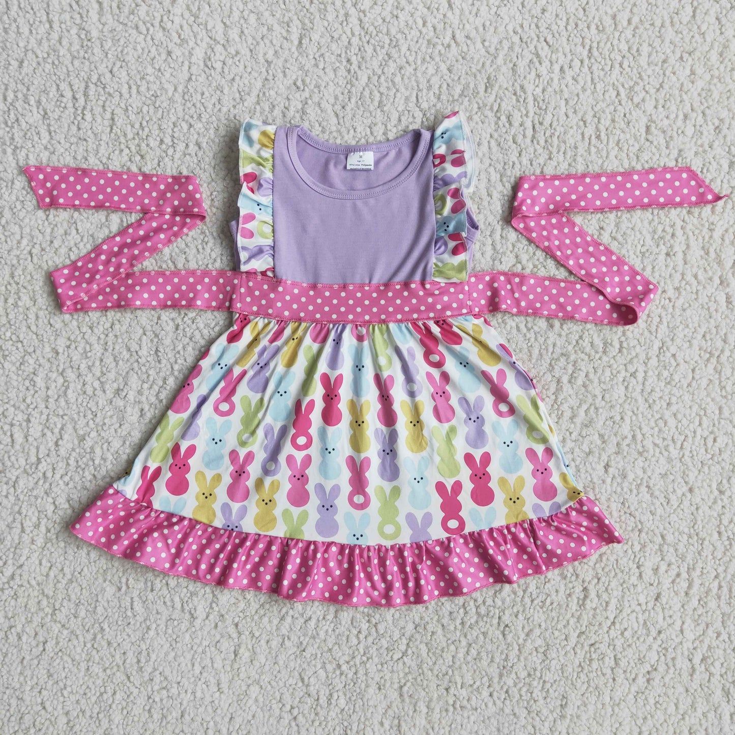 promotion B11-21 Easter Rabbit Cartoon Pink Polka Dots Belt Puffy Short Sleeve Dress 20230308 RTS